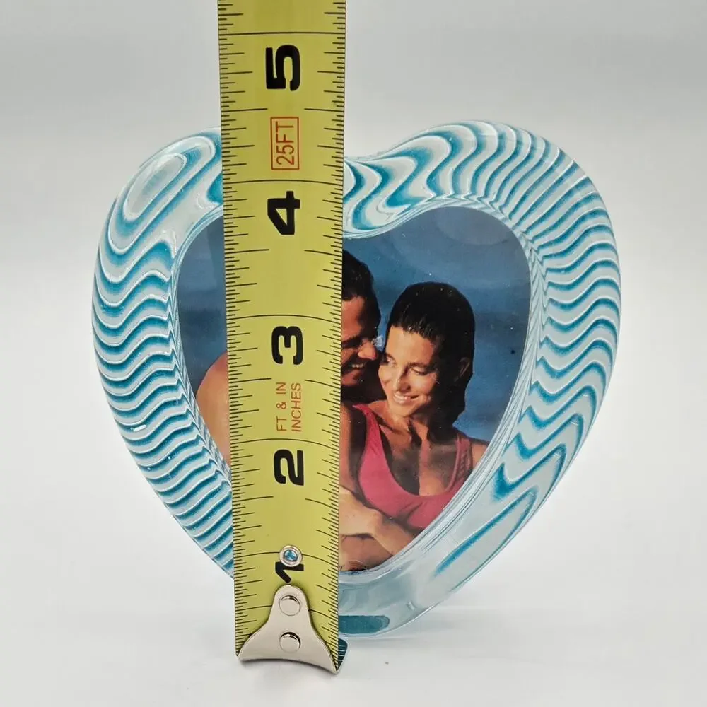 Vintage Mikasa Glass Heart Picture Frame Blue White Wavy Zebra Stripe